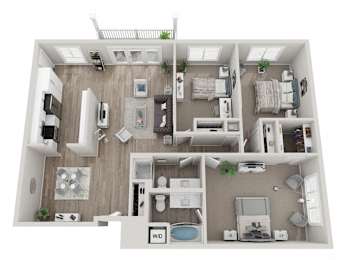 A 3D floor plan of a house with a kitchen, living room, and bathroom.