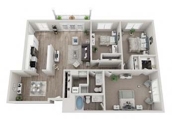 A 3D floor plan of a house with a kitchen, living room, dining room, and bathrooms.