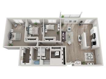 A floor plan of a house with a kitchen, living room, and bathrooms.