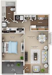 A floor plan of a small apartment with a bedroom, living room, kitchen, and bathroom.
