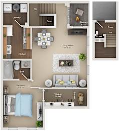 A floor plan of a house with a living room, kitchen, and bedrooms.