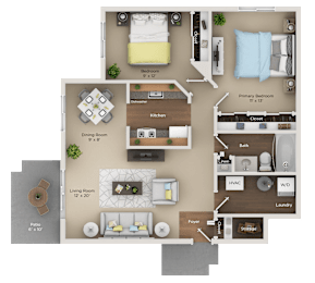 A floor plan of a small apartment with a living room, dining room, kitchen, and bedrooms.