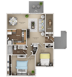 A floor plan of a small apartment with a living room, dining room, kitchen, and bathroom.