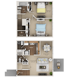 A floor plan of a small apartment with a bedroom, living room, kitchen, and bathroom.