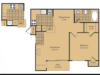 A floor plan of a house with a living room, dining room, bedroom, and patio.