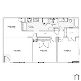 A floor plan of a house with a dining room, kitchen, living room, and two bedrooms.