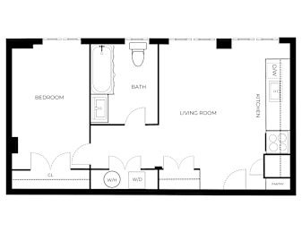 A black and white image of a floor plan for a small apartment.