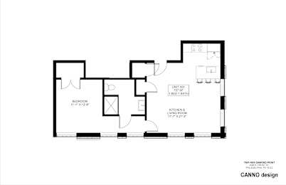A floor plan of a one bedroom apartment with a kitchen and living room.