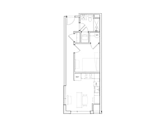 A floor plan of a house with a kitchen, living room, and bathroom.
