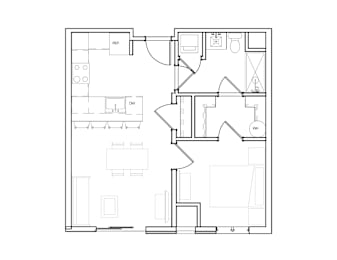 A floor plan of a house with a kitchen, living room, and dining area.