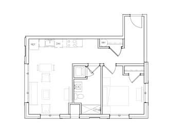 A floor plan of a house with a kitchen, living room, and bathroom.