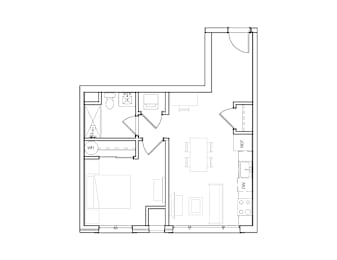 A floor plan of a house with a kitchen, living room, and bathroom.