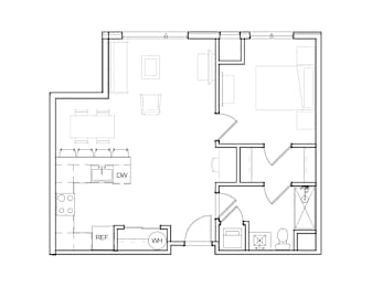 A floor plan of a house with a kitchen, living room, and bathroom.