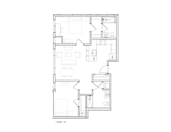 A black and white image of a floor plan for a two bedroom, two bathroom apartment.