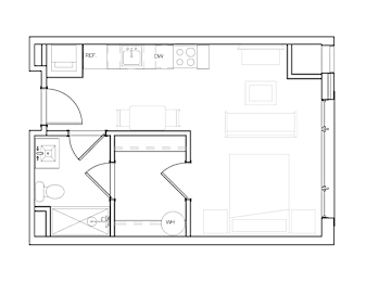 A floor plan of a house with a kitchen, living room, and bathroom.