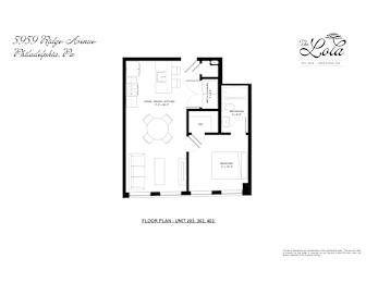 A black and white floor plan for a unit at The Lola.