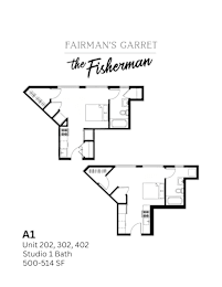 A black and white image of a floor plan for a unit at Fairman's Garret.