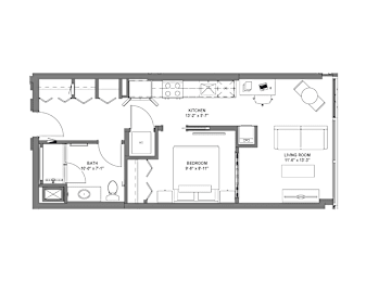 A floor plan of a small apartment with a kitchen, bathroom, bedroom, and living room.