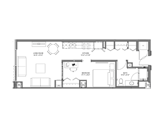A floor plan of a small apartment with a living room, kitchen, and bathroom.