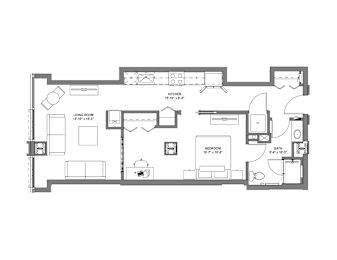 A floor plan of a house with a living room, bedroom, and bathroom.