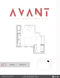 A floor plan for a studio apartment at 1148 Frankford Ave.