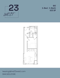 1B1B Floor Plan at 23 West Apartments, Philadelphia, Pennsylvania