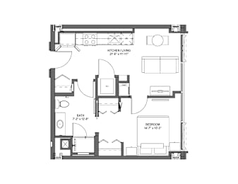 A floor plan of a small apartment with a kitchen, bathroom, and bedroom.