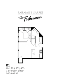 A black and white image of a floor plan for an apartment at Fairman's Garret.