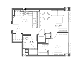 A black and white image of a floor plan for a house with a kitchen, living room, bathroom, closet, and bedroom.