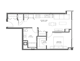 A floor plan of a small apartment with a kitchen, bathroom, and bedroom.
