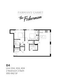 A black and white drawing of a floor plan for an apartment at Fairman's Garret.