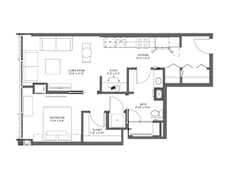 A floor plan of a house with a living room, kitchen, bathroom and closet.