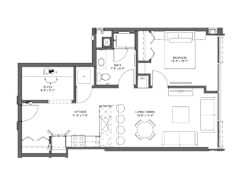 A floor plan of a house with a study, kitchen, living/dining area, and bedroom.