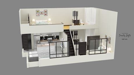 A 3D rendering of a Treasury Legs unit with a staircase.