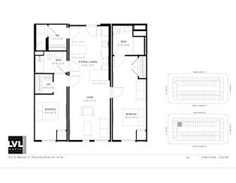 A floor plan of a building with two attached units, each with a detailed layout of rooms and dimensions.
