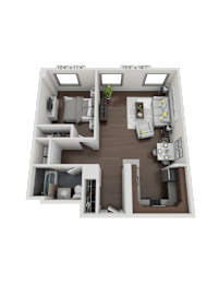 A 3D floor plan of a small apartment with a kitchen, living room, and two bedrooms.