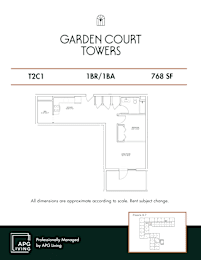 Floor plan for one bedroom one bathroom layout at Garden Court Towers Apartments, Philadelphia