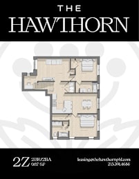 Apartment complex called The Hawthorn with a floor plan and contact information.