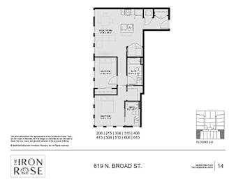 2 Bedroom Floorplan at Iron Rose Apartments, Pennsylvania, 19123