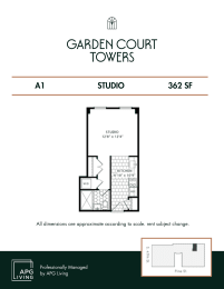 a floor plan of garden court towers studio apt