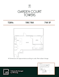 One bedroom one bathroom floor plan 744 square feet at Garden Court Towers Apartments, Philadelphia, PA 19143