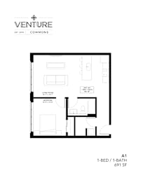 A black and white image of a floor plan for a 1-bedroom, 1-bathroom apartment.