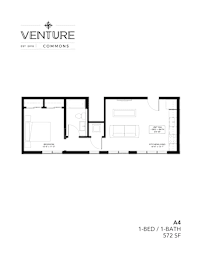 A black and white image of a floor plan for a 1-bedroom, 1-bathroom apartment.
