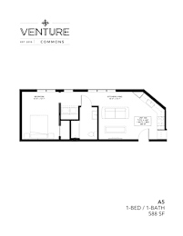 A black and white image of a floor plan for a 1-bedroom, 1-bathroom apartment.