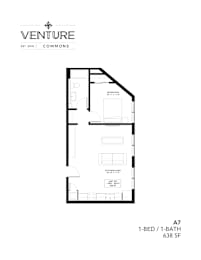 A black and white image of a floor plan for a 1-bedroom, 1-bathroom apartment.