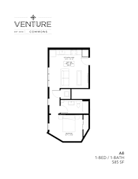 A black and white image of a floor plan for a 1-bedroom, 1-bathroom apartment.