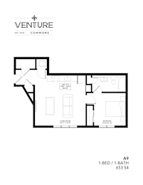 A black and white image of a floor plan for a 1-bedroom, 1-bathroom apartment.