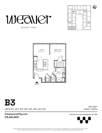 1Bed Floor Plan B3 at The Weaver, Pennsylvania