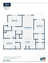 3 bed 2 bath C1 Floor Plan at Urban Crest Apartments, San Antonio, Texas