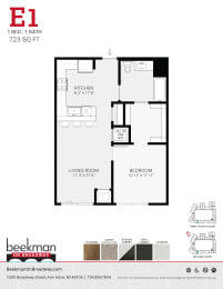 2 bed 2 bath E1 Floor Plan at Beekman on Broadway, Ann Arbor, Michigan
